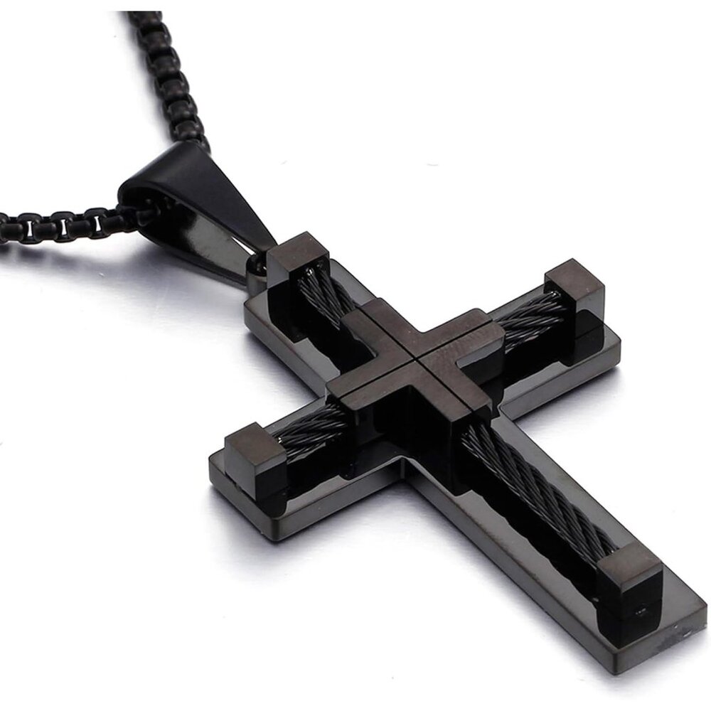 ✨Men's Black Necklace Stainless Steel Christ Pendant Rolo Chain Jewelry